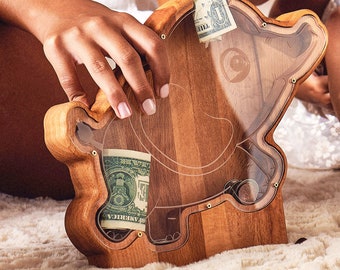 Modern Wooden Animal Coin Bank – Minimalist Nursery Decor, Beech Wood Piggy Bank for Kids Room
