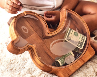 Animal Shaped Personalized Wooden Coin Bank, Nursery Decor Piggy Bank, Custom Name Wood Money Bank for Kids