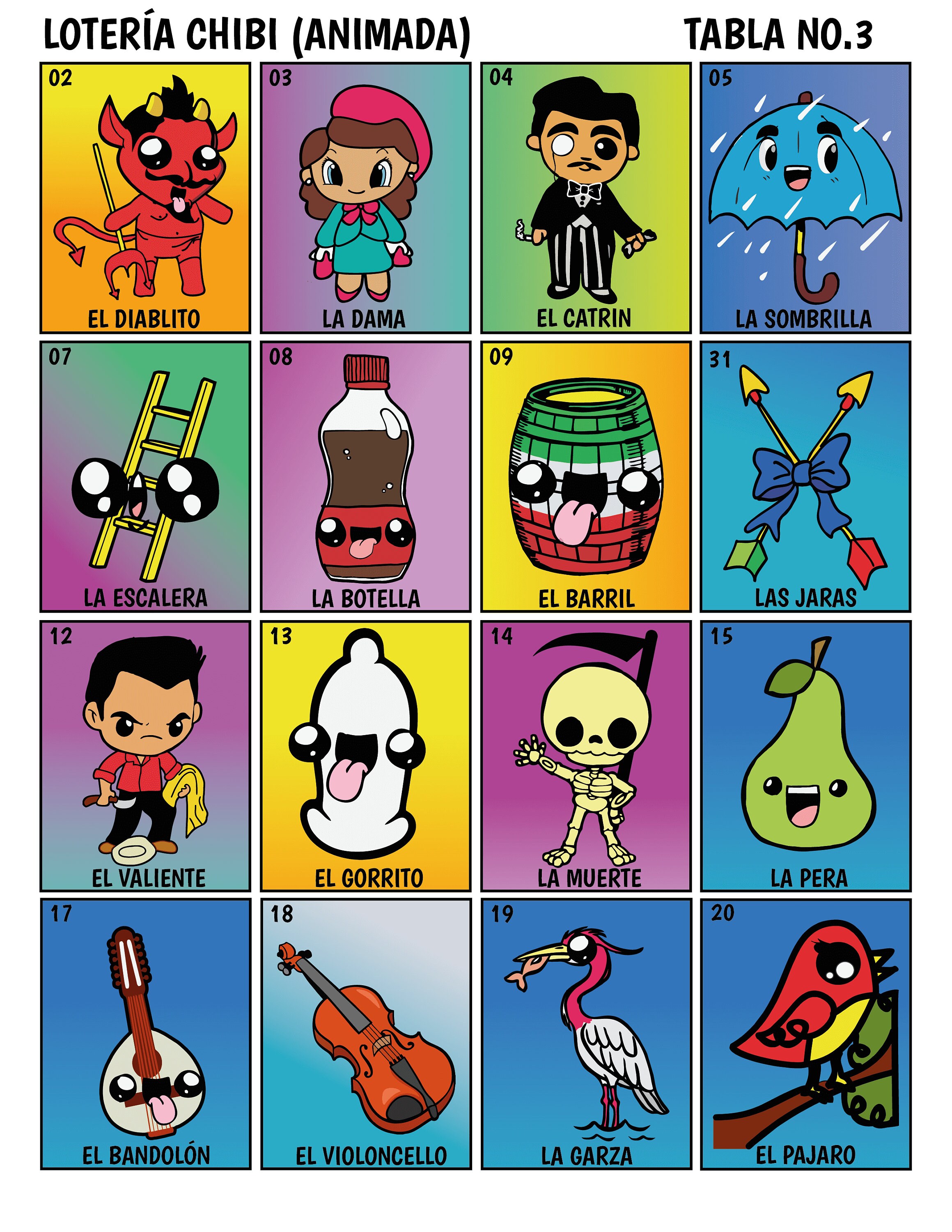 Loteria Chibi Loteria Animada Kit completa 54 designs Etsy España