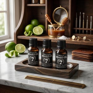 May include: Three amber glass bottles of beard oil labelled Coconut Lime, Salted Caramel, and Million S, resting on a dark wooden tray. A gold-toned comb lies in front, with fresh limes, a jar of caramel, and grooming tools visible nearby.