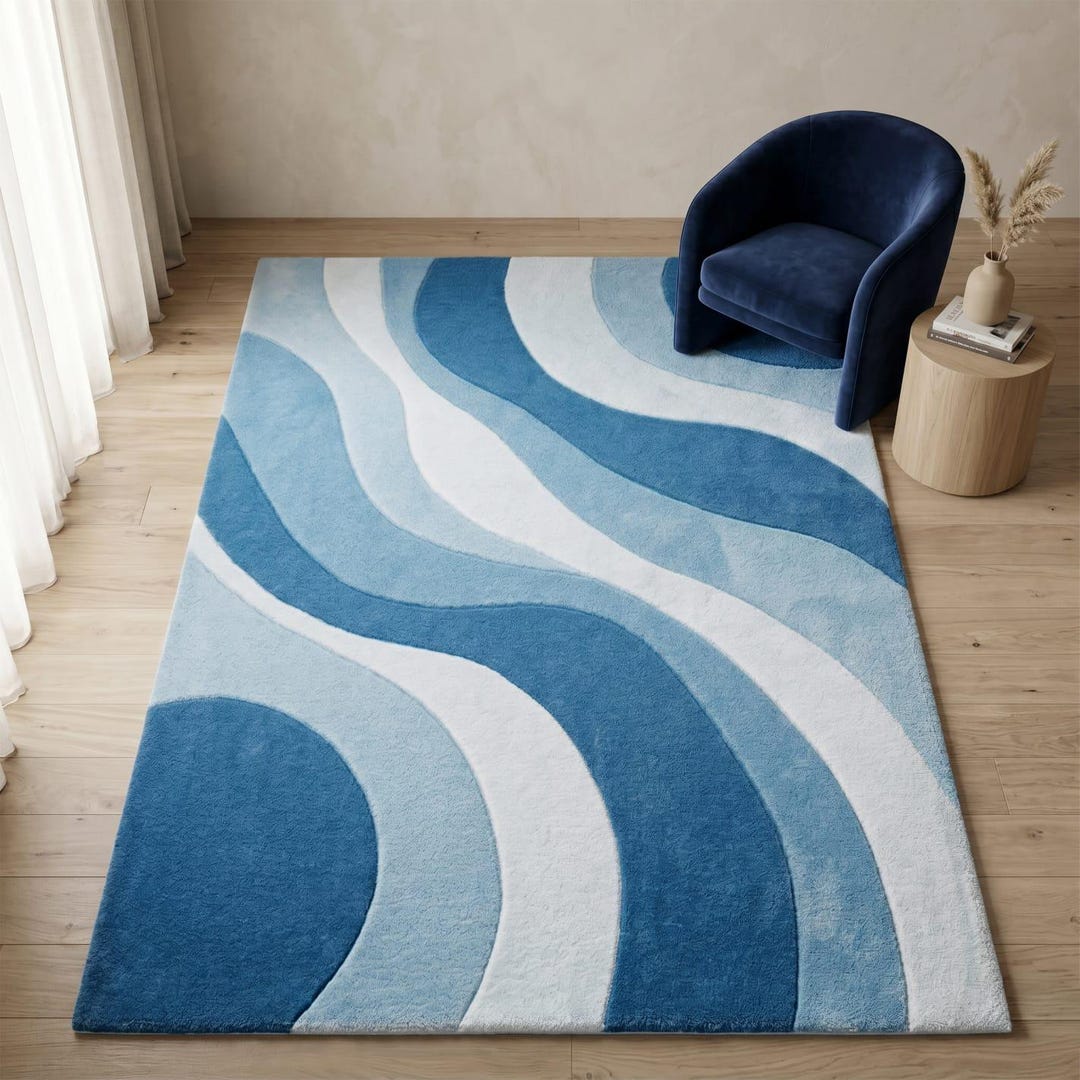 Blue Abstract Wave Area Rug, Modern Hand Tufted Living Room Carpet ...