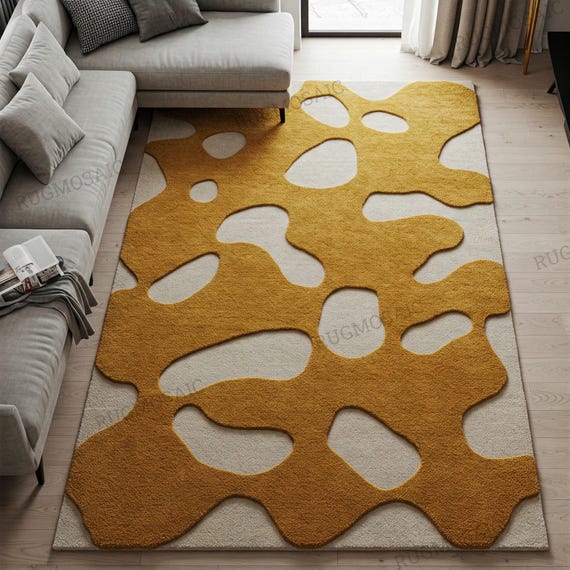 Off White Abstract Hand Tufted Mustard Yellow Layered Effect Wool Rug Living Room, Modern Unique Handmade 6x9 8x10 9x12 Area Rug for Bedroom