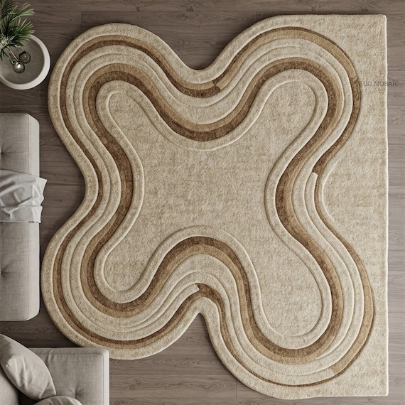 Handmade Abstract Tufted Rug Neutral Beige Brown Curved line Design Irregular Tufted Rugs Bedroom Custom Area Wool Rug 4x7, 6x9, 9x12 Carpet