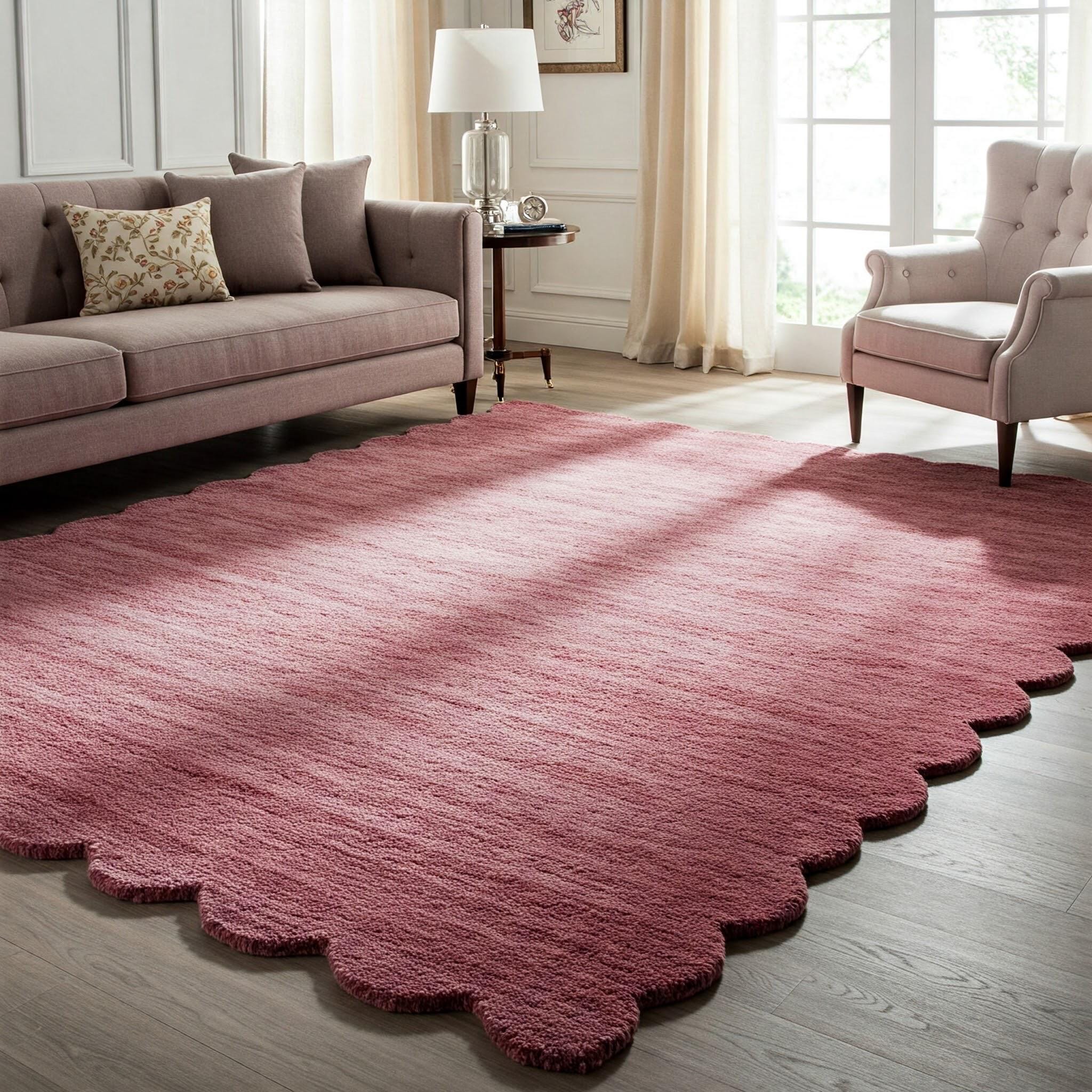 Scalloped Rug, Dusty Rose Hand Tufted Wool Rug, Mauve Pink Solid Scallop Edge Cottage Bedroom Rug