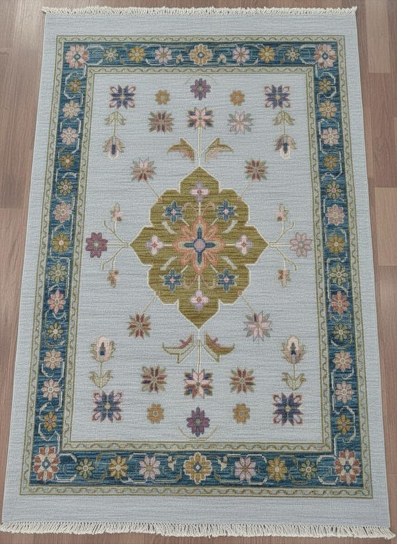 Hand Knotted Wool Oushak Rug, Pale Blue Floral Medallion, Traditional Carpet
