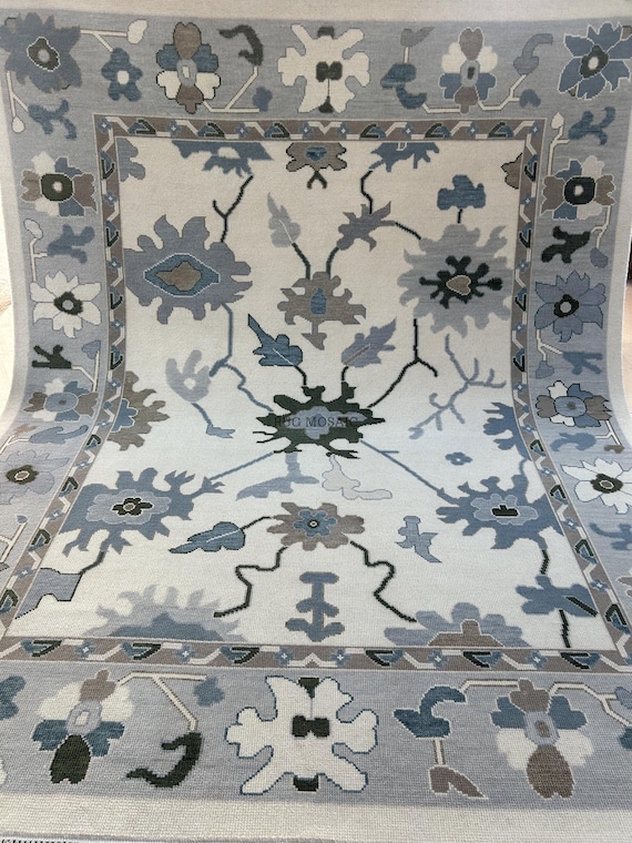 Modern Oushak Rug Off White, Grey and Blue Hand Knotted Area Rug 5x7, 8x10, 9x12 Rugs for Living Room, Bedroom Runner for Hallway, Kitchen