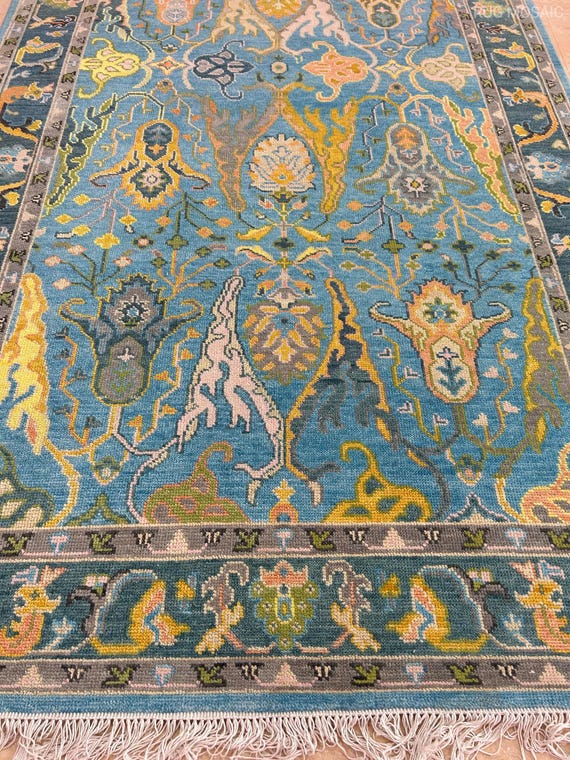 Blue Turkish Oushak Hand Knotted Yellow, Green Contemporary rug 4x6, 5x8, 6x9, 8x10, 9x12, 10x14 ft Handmade Rugs for Living Room
