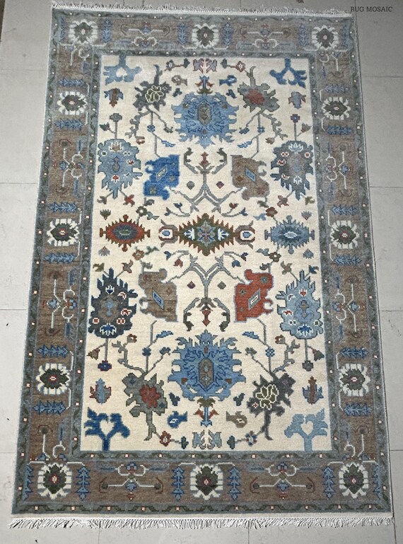 Off White Modern Oushak Hand Knotted Colorful Floral Turkish Area Rug for Living Room, Handmade Oriental Geometric Design Wool Bedroom Rugs