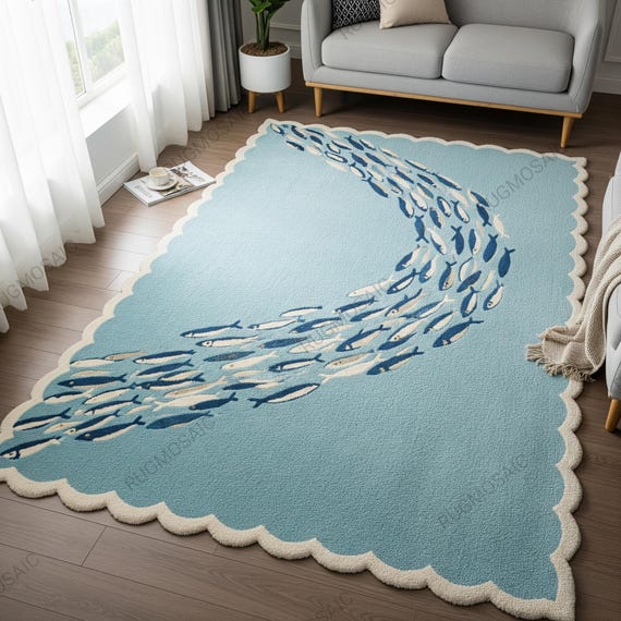 Light Blue Group Of Fish Design Hand Tufted Scalloped Bordered Rugs For Bedroom, Custom Handmade Living Room Area Rugs, Modern Tuft Carpet