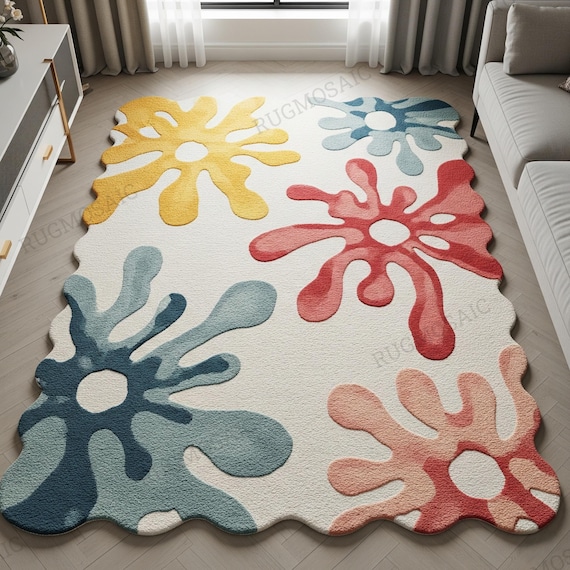 Off White Scalloped Edge Modern Hand Tufted Colorful Amoeba Shape 8x10 Bedroom Rug, Abstract Unique Art Organic Wool Area Rugs for Kids Room