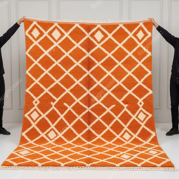 Orange Off White Geometric Hand Knotted Moroccan Wool Area Rugs for Bedroom, Modern Diamond Pattern Living Room Rug, Eco Friendly Carpets