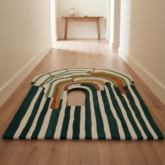 Deep Green White Hand Tufted Geometric Rug, Unique Irregular Wool Area Rugs for Hallway