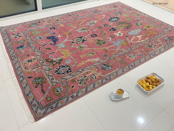 Modern Pink Oushak Rug 4x6, 5x8, 6x9, 8x10, 9x12, 10x14 Handknotted Turkish Rugs for Living Room Handmade Rugs for Bedroom