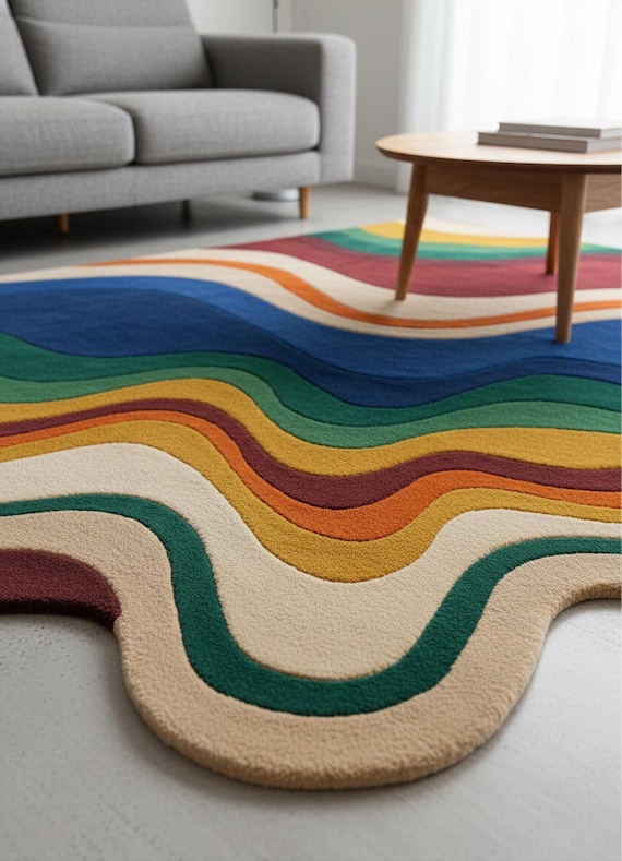 Irregular Hand Tufted Colorful Wavy Rug, Abstract Layered Custom Wool Rugs for Kids Room