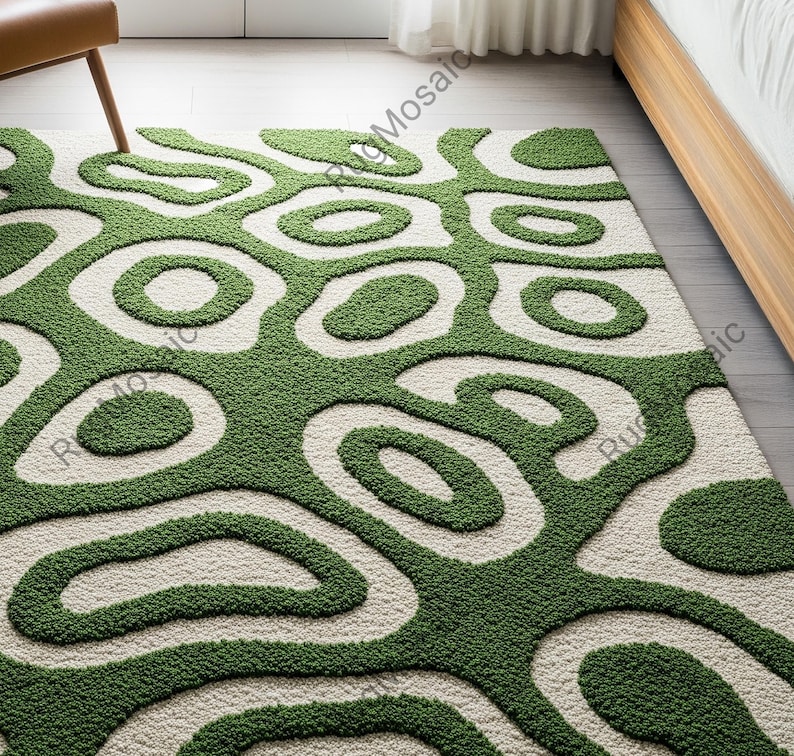 Creamy off White Green Abstract Hand Tufted Wool Rugs for Living Room ...
