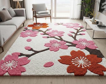 Off White Pink Floral Wool Rug, Hand Tufted Modern Area Rugs for Living Room