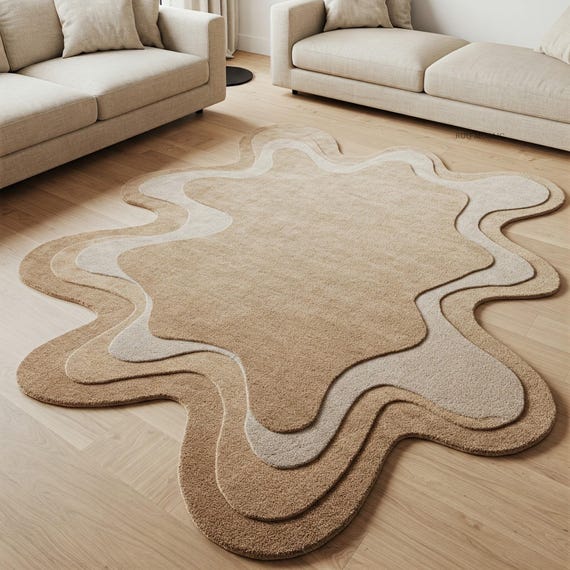 Hand Tufted Rug Irregular Modern Abstract Sculptural Beige and Grey Organic Layered Unique Living Room Wool Rug 5x7, 8x10, 9x12 Area Rugs