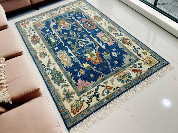 9x12 Handmade Modern Blue Oushak Rug Living Room, Bedroom, Kitchen  Floral Design Hand Knotted Wool Rugs 6x9, 8x10