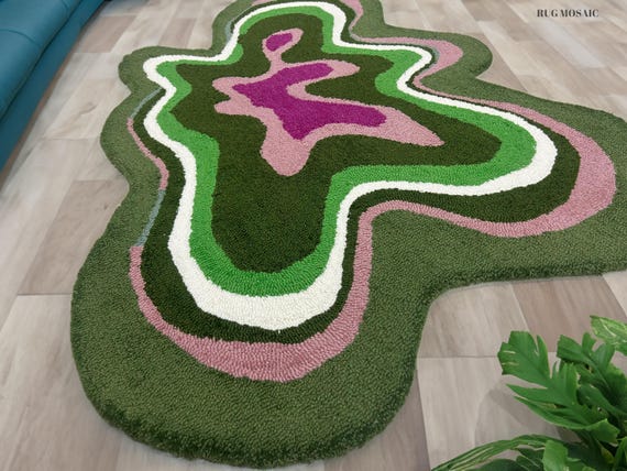 Modern Green Irregular Shape Hand Tufted New Zealand Wool Area Rug Carpet for living room 9x12, 8x10, 6x9
