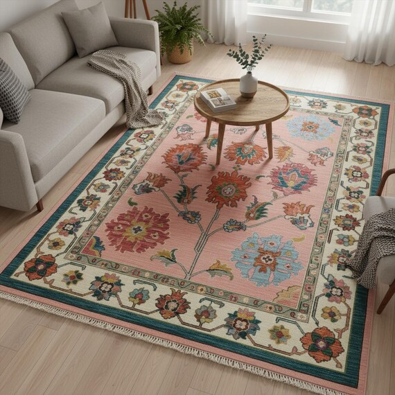 Blush Pink Colorful Floral Oushak Rug, Custom Handmade Hand Knotted Wool Rug For Bedroom, 5x8, 8x10, 9x12 Living Room Rug, Dining Area Rug