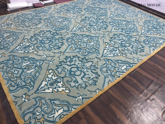 Hand tufted Floral Pattern Art Rug, Rugs for Your Living Room Decorative Wool Carpet 8x10 Blue and Beige/White