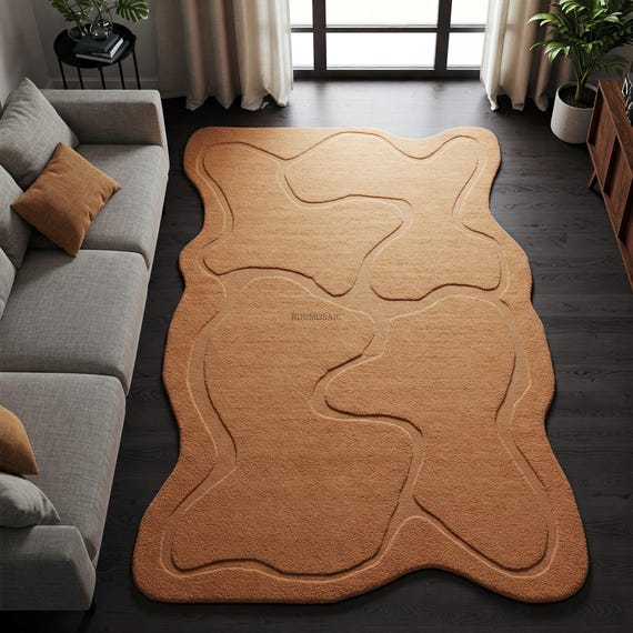 Warm Brown Irregular Shape Hand Tufted Abstract Wavy Design Wool Rug for Living Room 8x10, Modern Low High Texture Custom Area Rugs Bedroom