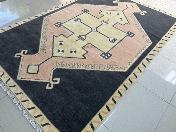 Black Peach Pink Oushak Area Rug 8x10, Minimal Tribal Design Wool Rug 9x12 Yellow Accent Oriental Rug, Boho Turkish Rug For Dining Room