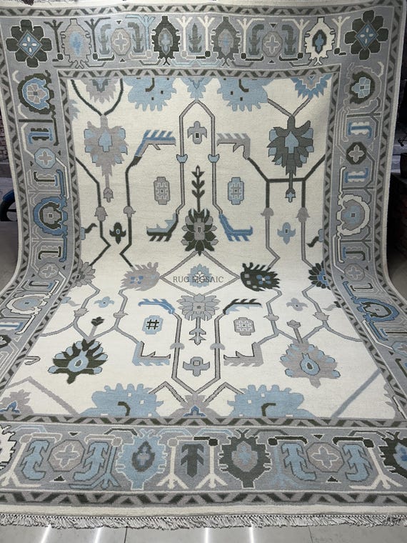 Off White Modern Oushak Hand Knotted Blue Grey Floral Wool Rug for Living Room, Handmade Contemporary Turkish Area 5x7 6x9 8x10 Bedroom Rugs