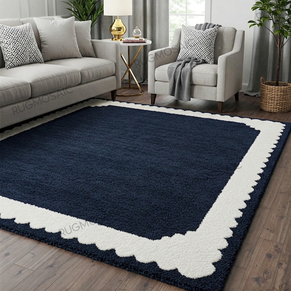 Deep Navy Blue Solid Hand Tufted Off White Scalloped Edge Wool Rug for Living Room, Modern Contemporary 5x7 6x9 8x10 Area Rug for Kids Room