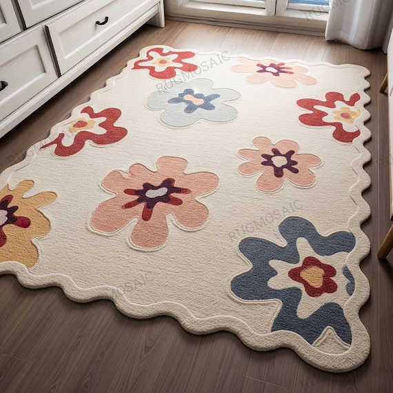 Scalloped Edge Off White Hand Tufted Colorful Floral Custom Area Rugs for Nursery, Modern Flower Bedroom Wool Carpet, 8x10 Living Room Rug