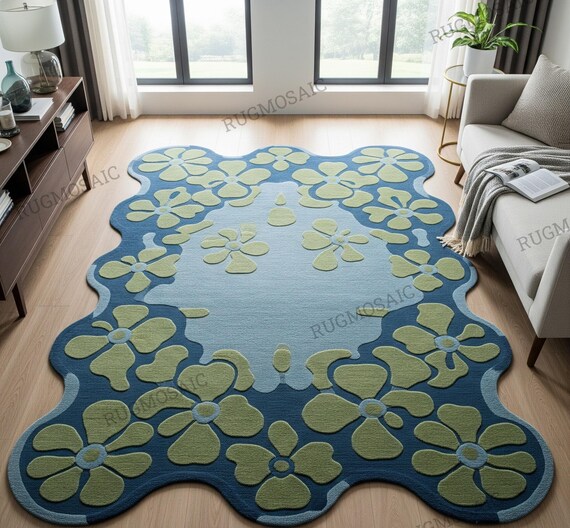 Blue Irregular Wavy Border Hand Tufted Lime Green Accent Floral Wool Bedroom Rug, Modern Contemporary 5x7 6x9 8x10 Area Rug for Living Room