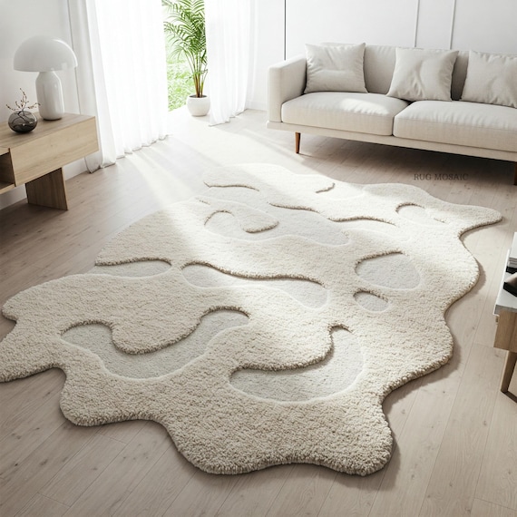 Neutral Irregular Shape Hand Tufted Rug, Handmade modern Amoeba Art Textured Abstract Rug for Living room 6x9, 8x10, 9x12 Area Wool Rugs
