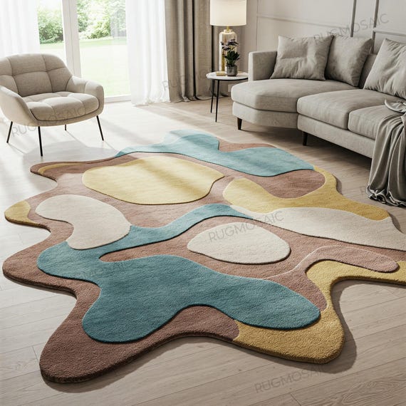 Modern Irregular Hand Tufted Colorful Amoeba Shape Custom Area Wool Rug for Kids Room, Abstract Layered Organic Tuft Living Room Bedroom Rug