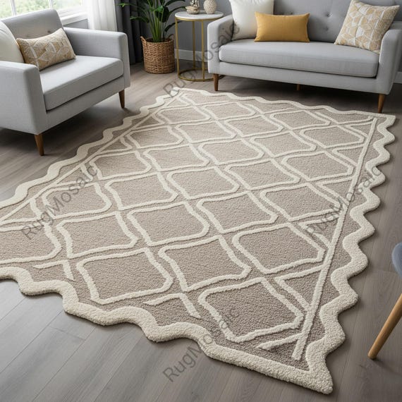 Geometric Light Beige Off White Wavy Scalloped Border Hand Tufted Wool Rugs For Living Room, Modern 8x10 9x12 Bedroom Kids Room Carpet