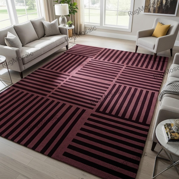 Berry Red Hand Tufted Geometric Stripe Pattern Wool Rugs Bedroom, Modern Minimalist Carpet For Living Room 8x10, Custom Kitchen Runner Rug