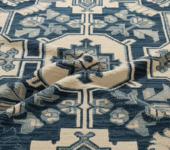 Deep Blue Ivory Geometric Oushak Rug, Hand Knotted Vinatge Style Floral Wool Bedroom Rug