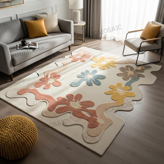 Colorful Floral Irregular Shape Abstract Wool Hand Tufted Living Room Rug 8x10, Modern Low High Texture Flower Area Rugs for Bedroom Nursery