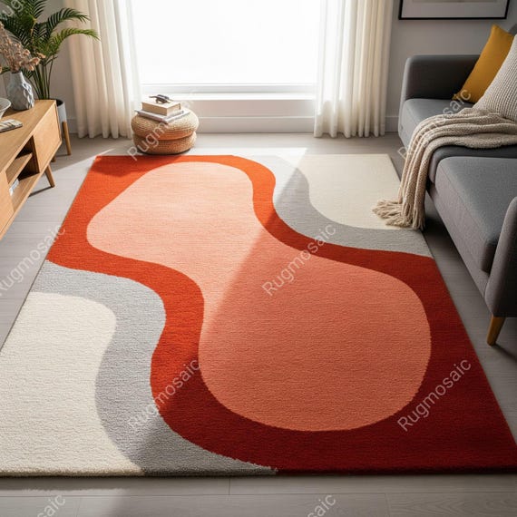 Orangs Grey Off White Abstract Hand Tufted Natural Wool Rugs for Bedroom, Modern Organic Design Living Room Rug, Custom Size Handmade Carpet