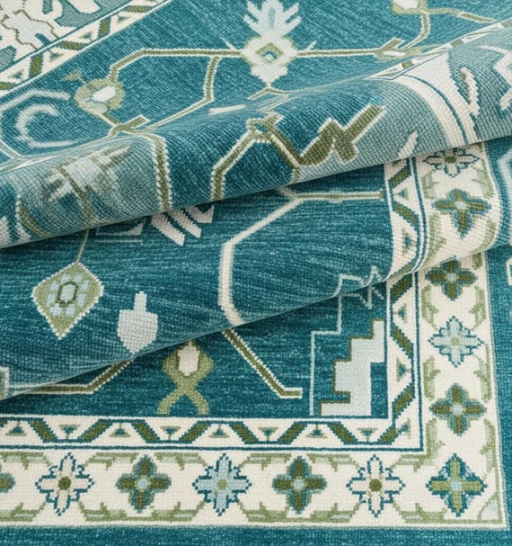 Teal Geometric Oushak Rug, 5x8, 6x9, 7x10, 9x12, 8x10 Living Room Rug, Ivory Border Sage Green Accent Hand Knotted Wool Rug For Bedroom