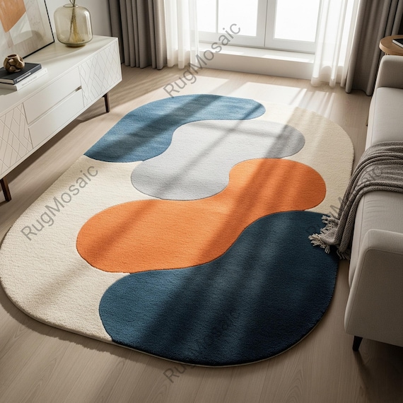 Off White Colorful Oval Shape Abstract hand Tufted Wool Rug For Living Room, Modern Contemporary 8x10 6x9 Bedroom Carpet, Dining Area Rugs