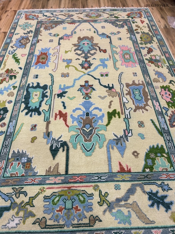 Modern Turkish Oushak Hand Knotted Beige Green Contemporary rug 4x6, 5x8, 6x9, 8x10, 9x12 Handmade Rugs for Living Room