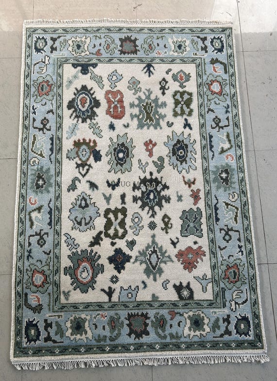 Green, Cream and Blue Turkish Oushak Hand Knotted Contemporary rug 4x6, 5x8, 6x9, 8x10, 9x12, 10x14 ft Handmade Rugs for Living Room