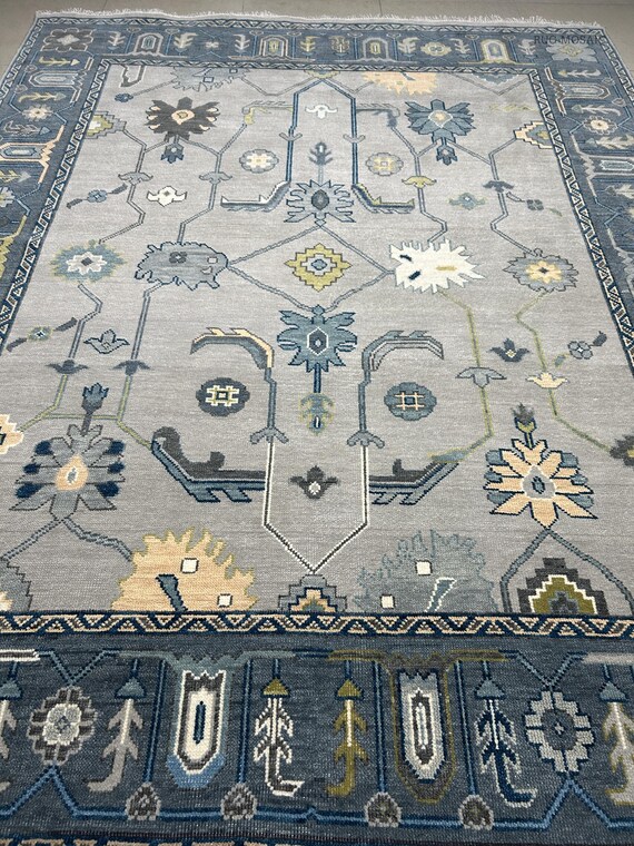 Hand knotted light gray Oushak rug Modern floral wool rug for living room 5x8, 6x9, 8x10, 9x12 Contemporary Handmade Large area rugs