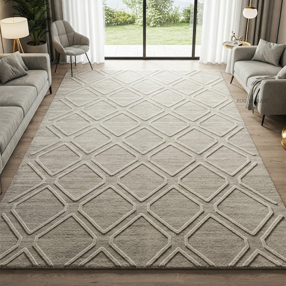 Neutral Gray Modern Geometric Diamond Texture Tufted Rug for Living room 8x10, 9x12 Handmade Area Wool Rugs Bedroom Carpet for Luxury Home