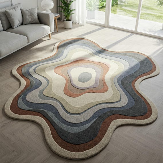 Modern wavy design irregular tufted area rug Gray cream brown abstract statement rug Irregular shape layered color wool rugs living room 6x9
