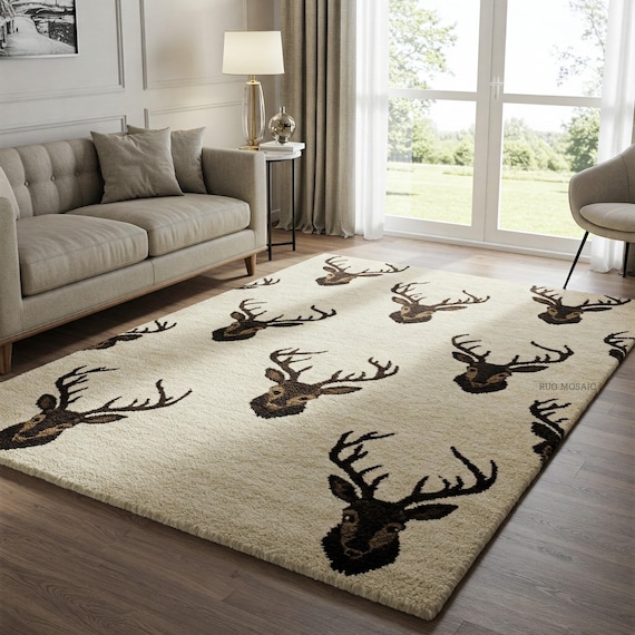Deer Head Tufted Rug, Cream, Black Brown Antler Pattern Rug Animal Print Rugs for Living Room 10x14, 9x12, Handmade Area Carpet 8x10 Bedroom