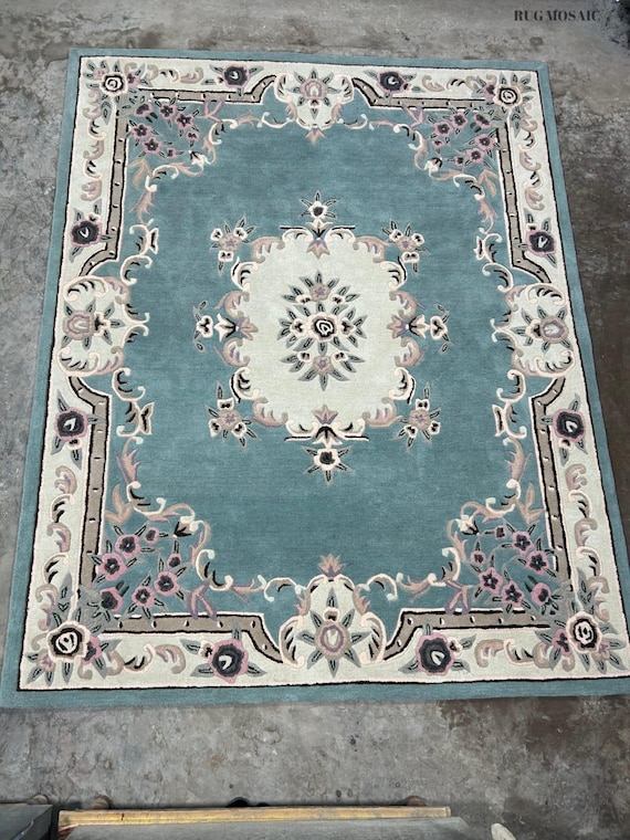 Hand Tufted Vibrant Blue Aubusson Tufted Wool Rugs for Living Room Bedroom Kitchen 8x10 Large Area Rug