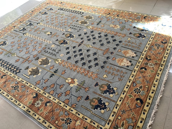 Modern Tree of Life Oushak rug  Dark Grey, Beige Hand Knotted Turkish Contemporary rug 8x10, 9x12 Large floral Oushak rugs for living room