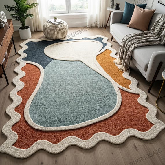 Modern Abstract Off White Wavy Border Hand Tufted Colorful Organic Shape Bedroom Rug, Handmade Layered 9x12 Wool Area Rugs for Living Room