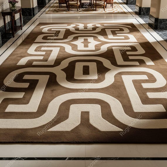 Brown Off White Abstract Hand Tufted Geometric Wool Area Rugs for Bedroom, Modern Soft Cozy Luxury Living Room Rug, Custom Handmade Carpets